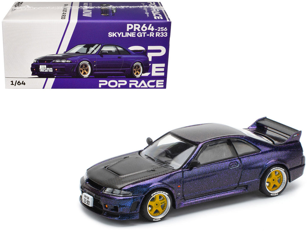 Skyline GT-R (R33) RHD (Right Hand Drive) Midnight Purple Metallic with Carbon Hood 1/64 Diecast Model Car by Pop Race-4