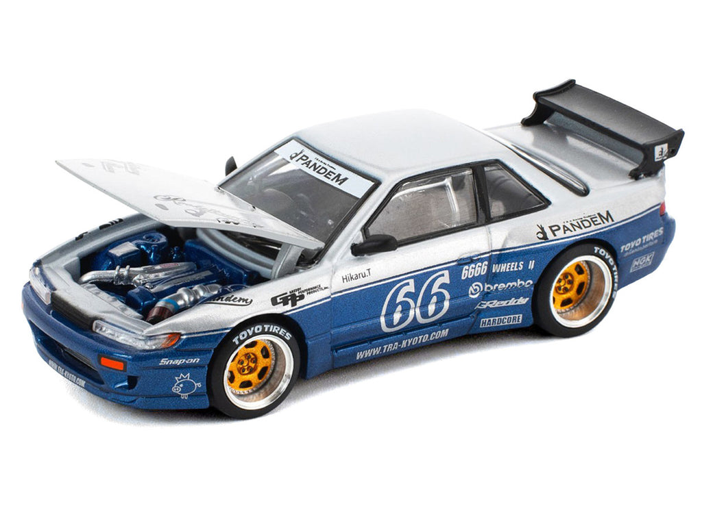 Pandem S13 RHD (Right Hand Drive) Silver and Moontech Blue Metallic with Graphics 1/64 Diecast Model Car by Pop Race-1