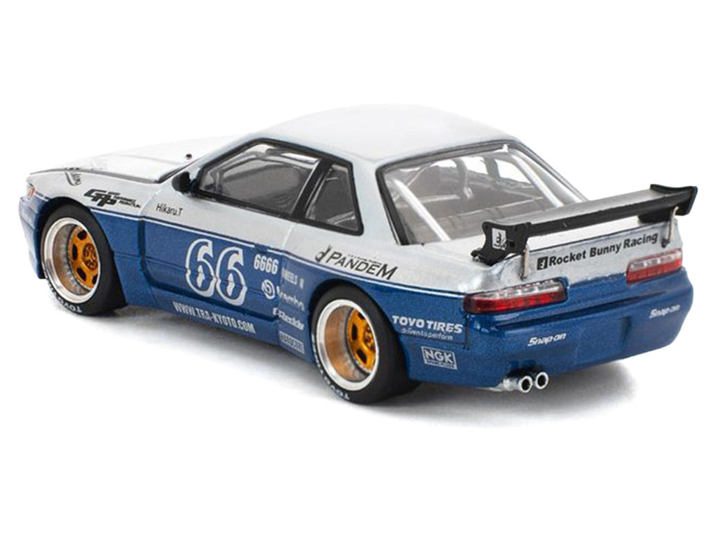 Pandem S13 RHD (Right Hand Drive) Silver and Moontech Blue Metallic with Graphics 1/64 Diecast Model Car by Pop Race-4