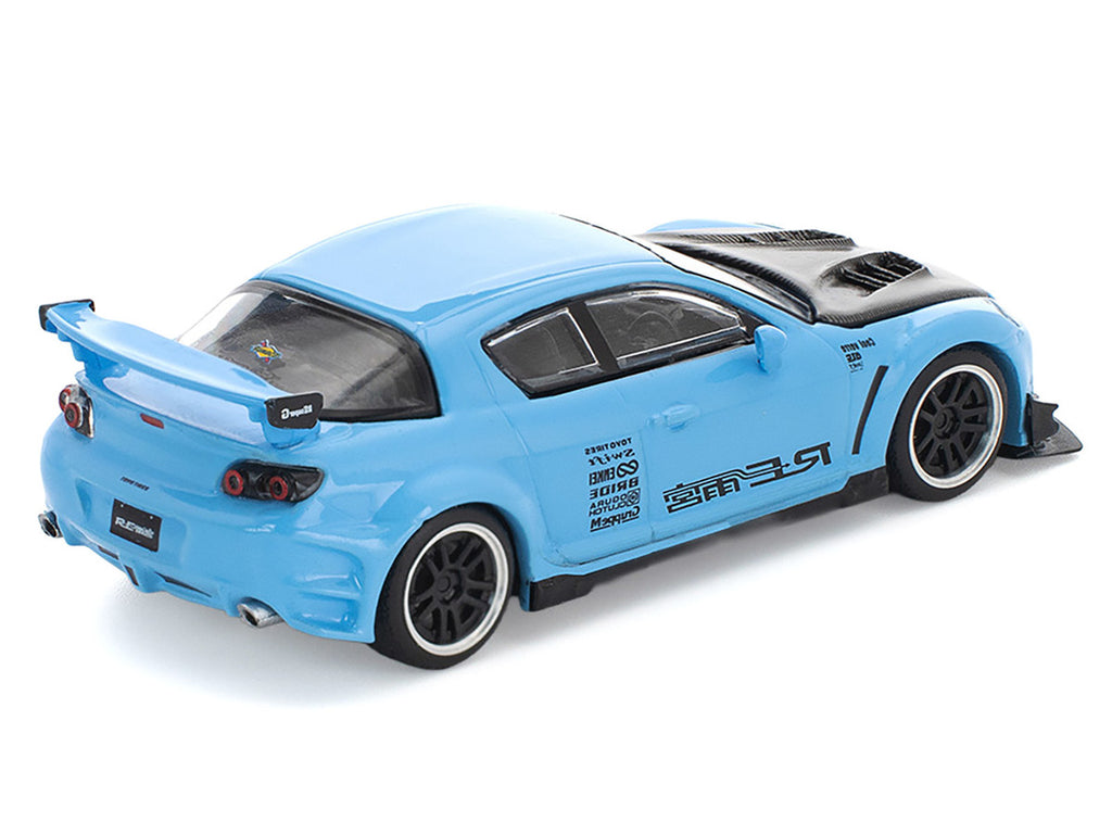 Mazda RX8 RE-Amemiya Widebody RHD (Right Hand Drive) Light Blue with Carbon Hood 1/64 Diecast Model Car by Pop Race-1