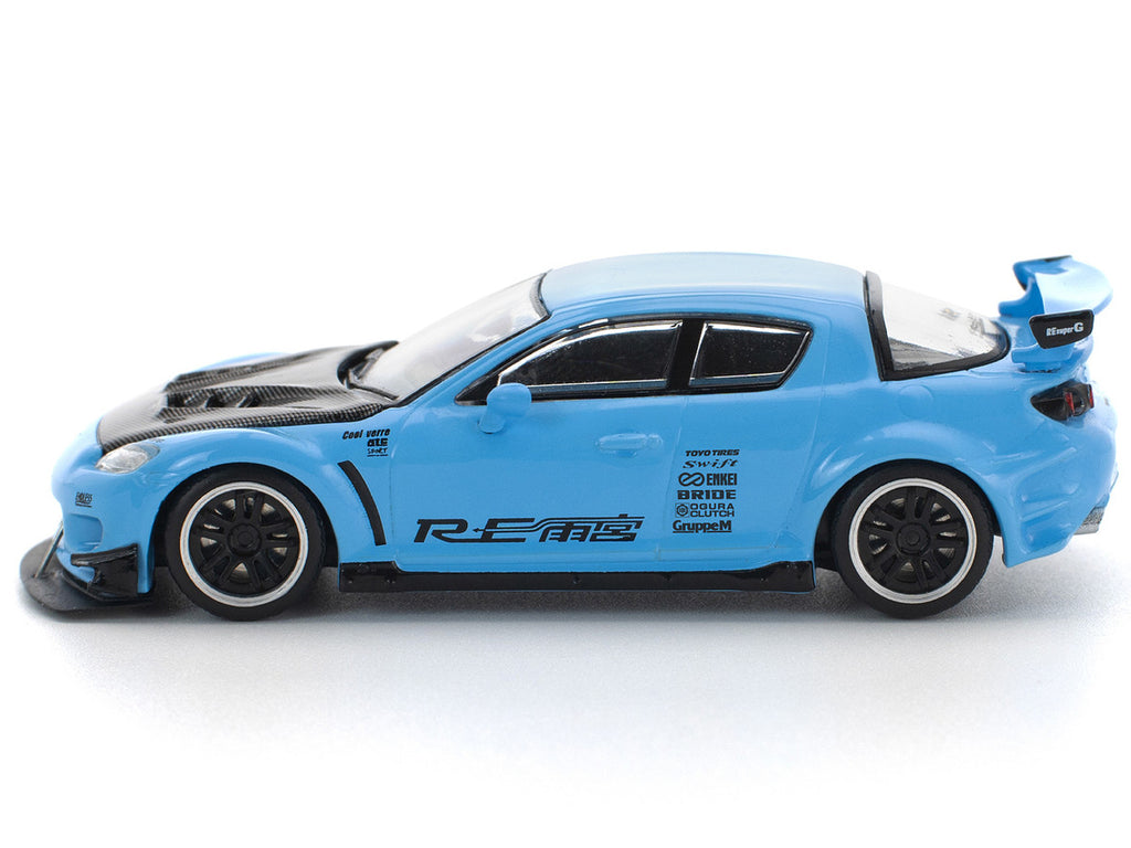 Mazda RX8 RE-Amemiya Widebody RHD (Right Hand Drive) Light Blue with Carbon Hood 1/64 Diecast Model Car by Pop Race-2