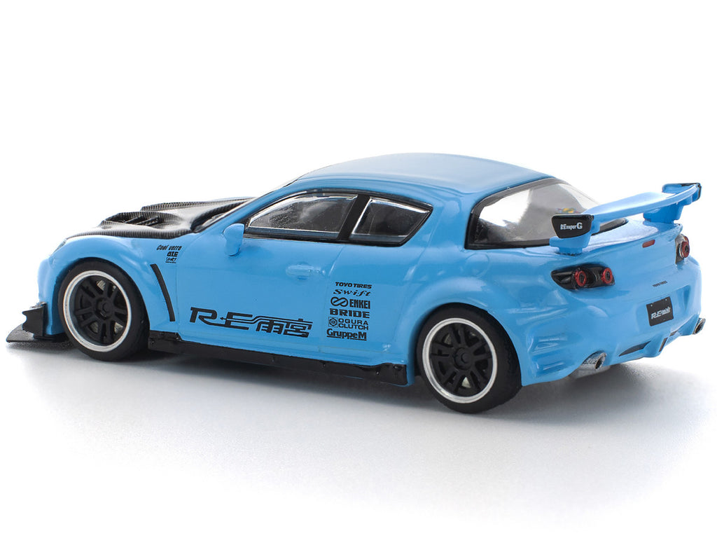 Mazda RX8 RE-Amemiya Widebody RHD (Right Hand Drive) Light Blue with Carbon Hood 1/64 Diecast Model Car by Pop Race-3