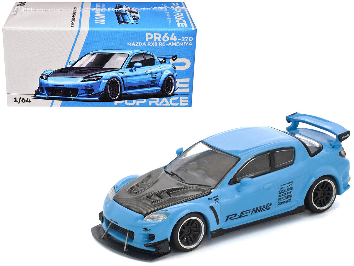 Mazda RX8 RE-Amemiya Widebody RHD (Right Hand Drive) Light Blue with Carbon Hood 1/64 Diecast Model Car by Pop Race-4
