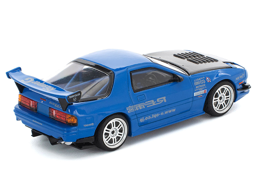Mazda RX7 (FC3S) RE Amemiya RHD (Right Hand Drive) Blue Metallic with Carbon Hood 1/64 Diecast Model Car by Pop Race-0