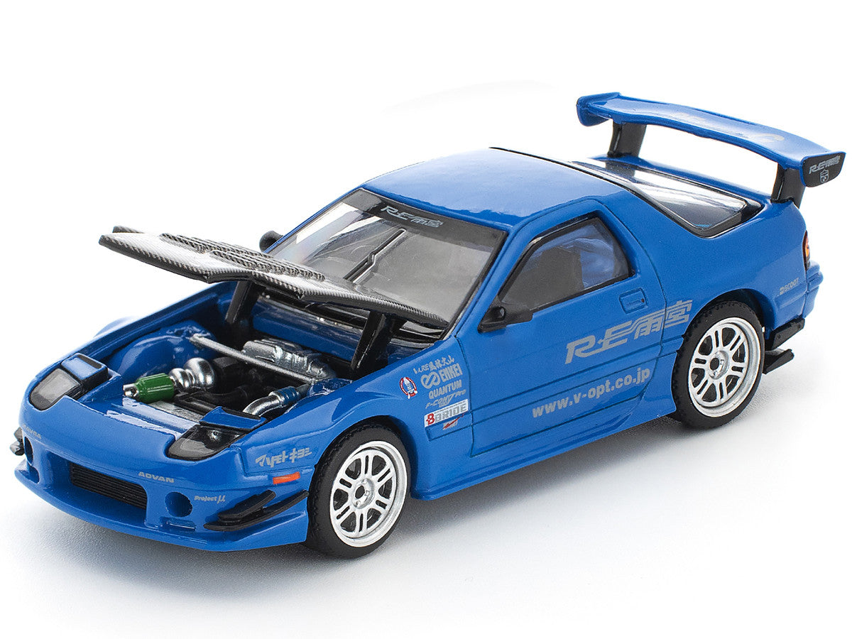 Mazda RX7 (FC3S) RE Amemiya RHD (Right Hand Drive) Blue Metallic with Carbon Hood 1/64 Diecast Model Car by Pop Race-2