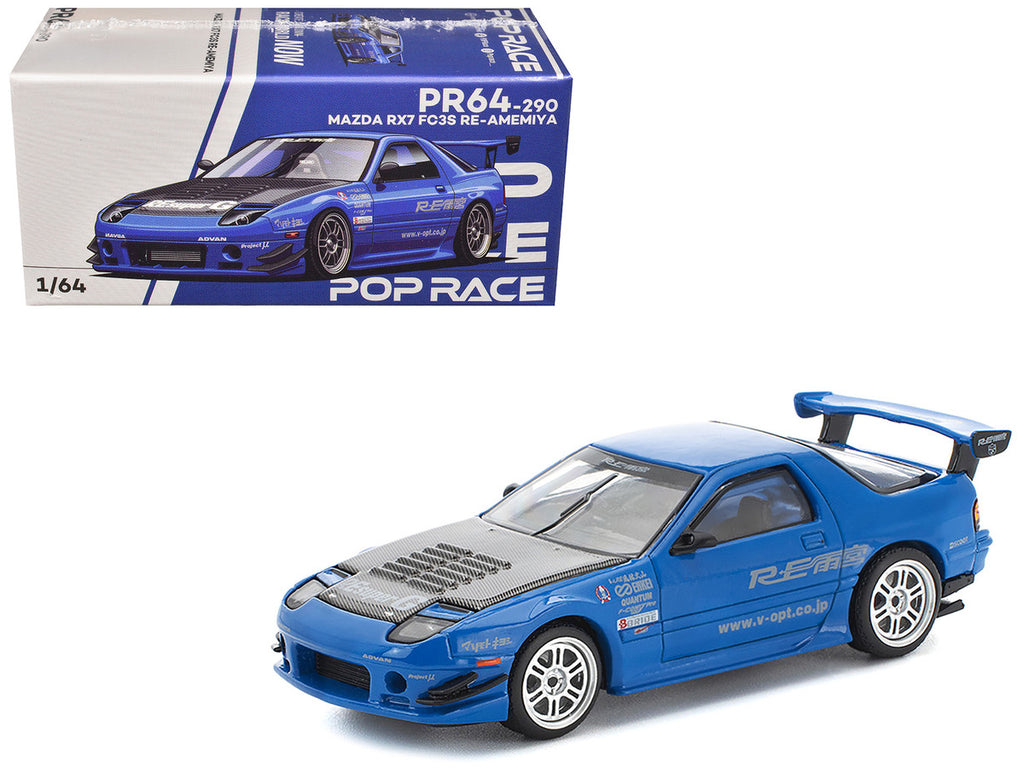 Mazda RX7 (FC3S) RE Amemiya RHD (Right Hand Drive) Blue Metallic with Carbon Hood 1/64 Diecast Model Car by Pop Race-3