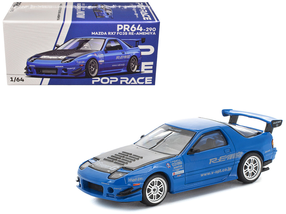 Mazda RX7 (FC3S) RE Amemiya RHD (Right Hand Drive) Blue Metallic with Carbon Hood 1/64 Diecast Model Car by Pop Race-3