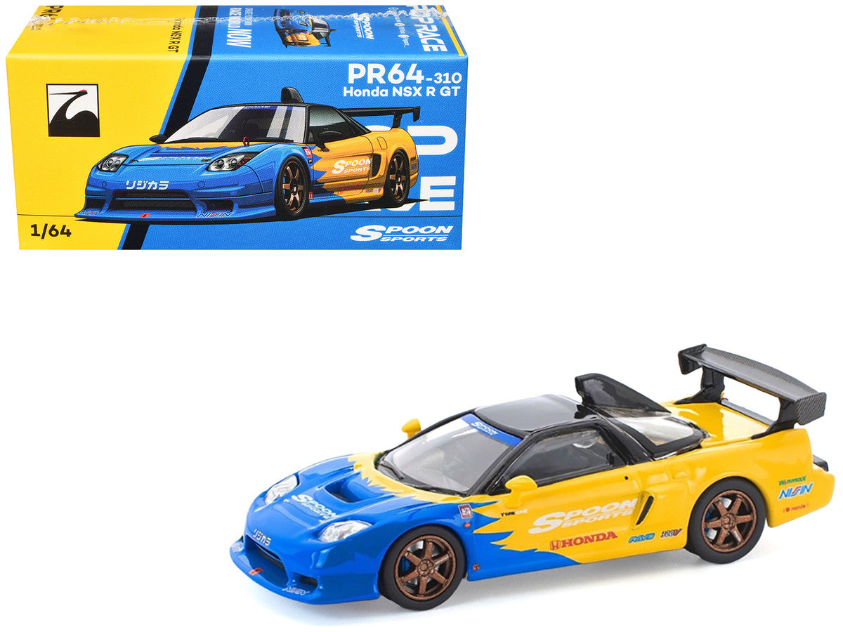 Honda NSX-R GT RHD (Right Hand Drive) "Spoon Sports" Blue and Yellow with Black Top 1/64 Diecast Model Car by Pop Race-4