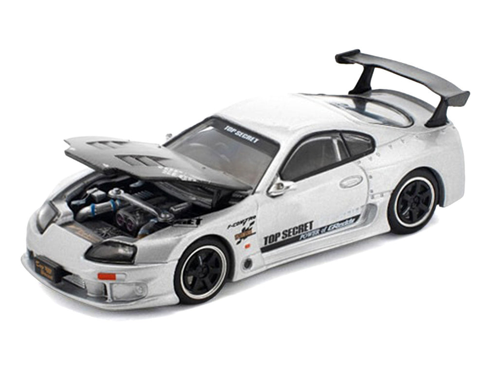 Toyota Supra "Top Secret" GT300 RHD (Right Hand Drive) Silver Metallic with Carbon Hood 1/64 Diecast Model Car by Pop Race-1