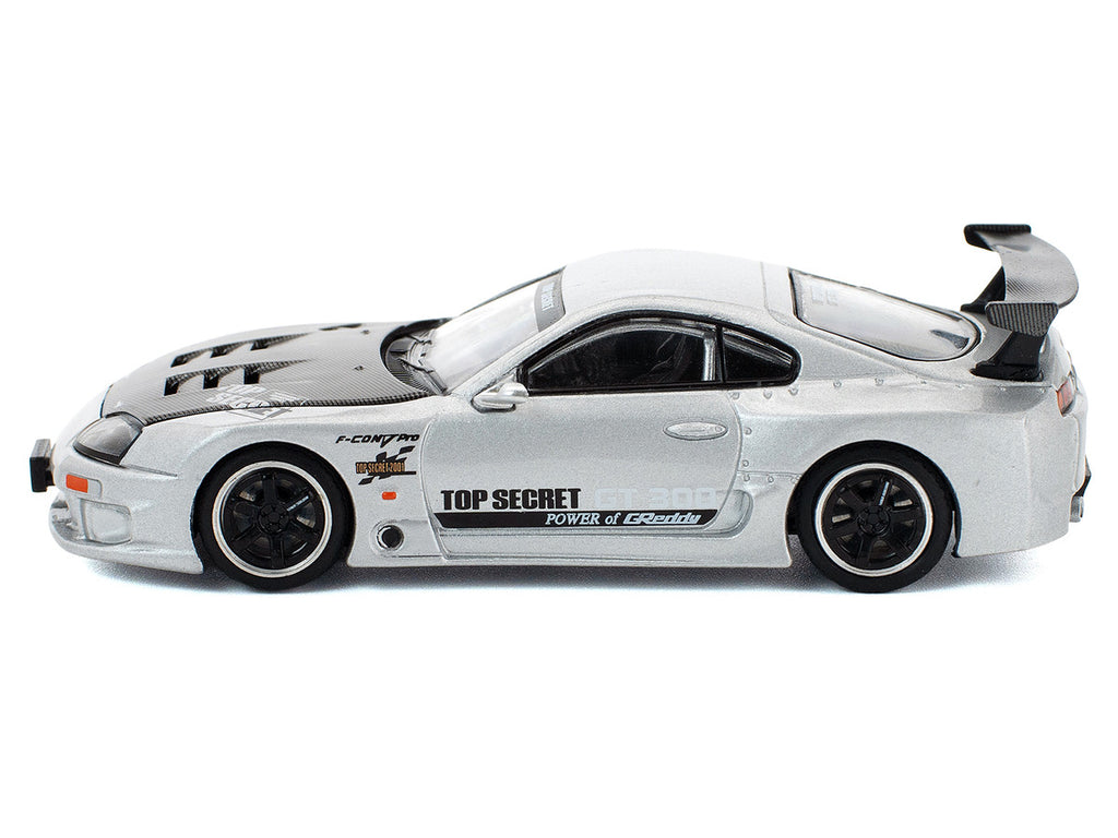 Toyota Supra "Top Secret" GT300 RHD (Right Hand Drive) Silver Metallic with Carbon Hood 1/64 Diecast Model Car by Pop Race-2
