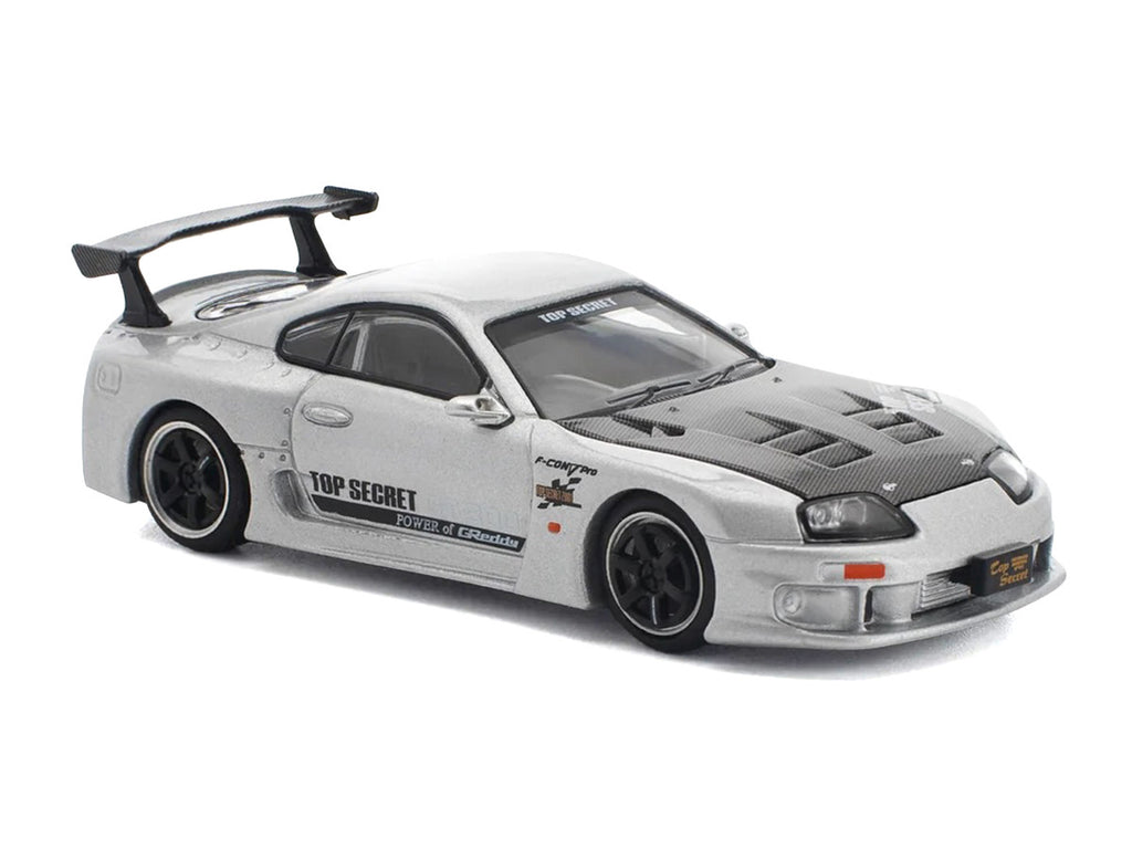 Toyota Supra "Top Secret" GT300 RHD (Right Hand Drive) Silver Metallic with Carbon Hood 1/64 Diecast Model Car by Pop Race-4