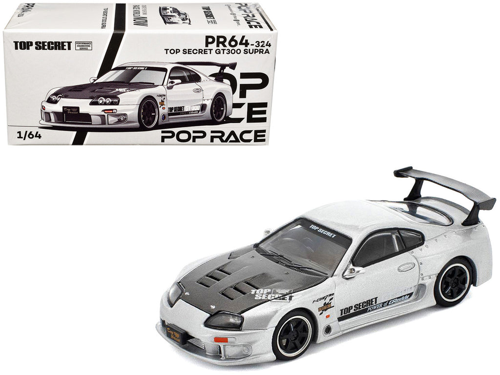 Toyota Supra "Top Secret" GT300 RHD (Right Hand Drive) Silver Metallic with Carbon Hood 1/64 Diecast Model Car by Pop Race-0