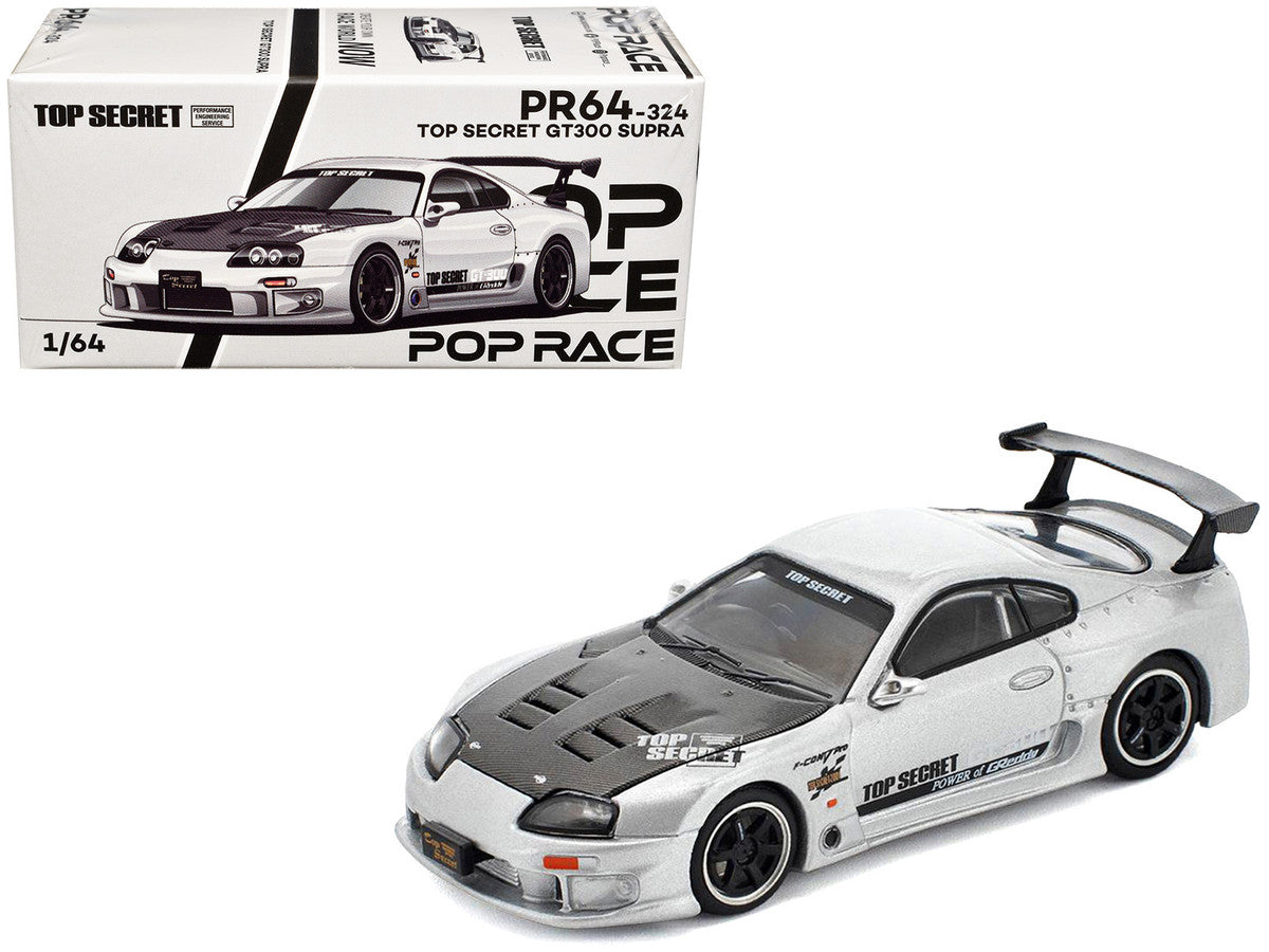 Toyota Supra "Top Secret" GT300 RHD (Right Hand Drive) Silver Metallic with Carbon Hood 1/64 Diecast Model Car by Pop Race-0