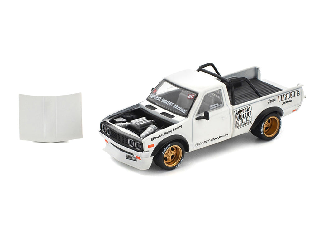 Datsun Pandem 620 Pickup Truck "Rocket Bunny Racing" White with Graphics 1/64 Diecast Model Car by Pop Race-0