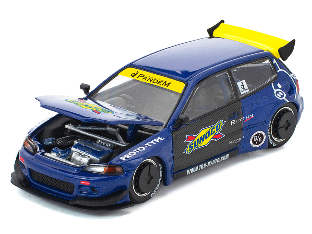 Pandem Civic EG6 RHD Sunoco Blue Metallic 1/64 Diecast Model Car-2
