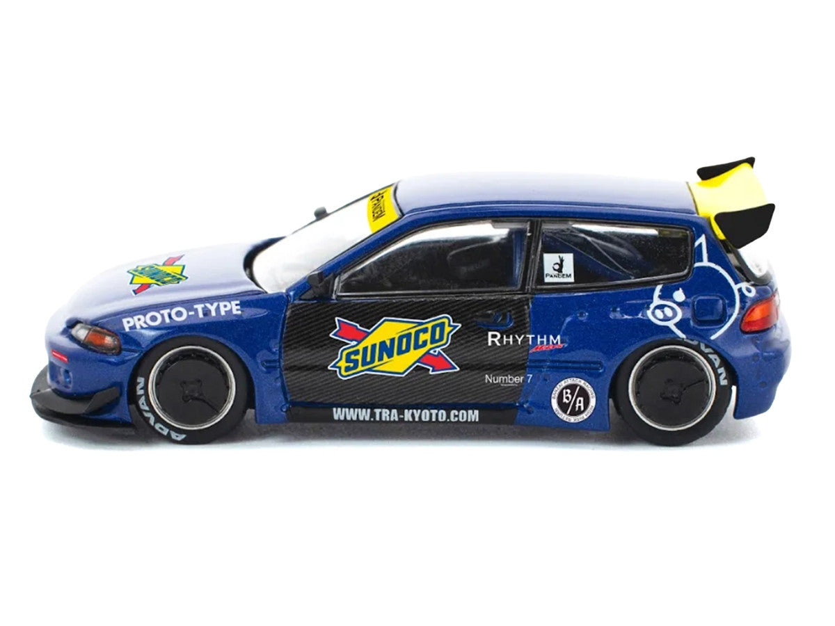 Pandem Civic EG6 RHD Sunoco Blue Metallic 1/64 Diecast Model Car-3