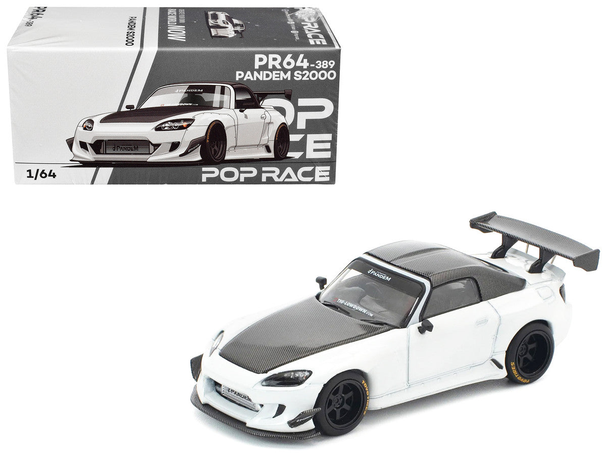 Honda Pandem S2000 RHD (Right Hand Drive) White with Carbon Hood and Top 1/64 Diecast Model Car by Pop Race-4
