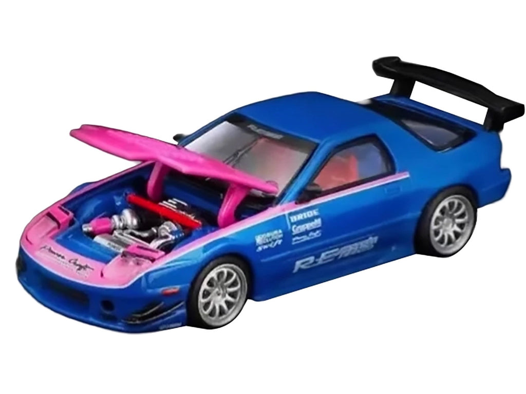 Mazda RX7 (FC3S) RE Amemiya RHD (Right Hand Drive) Blue Metallic with Pink Hood "APA XPO 2025 Exclusive" 1/64 Diecast Model Car by Pop Race-1