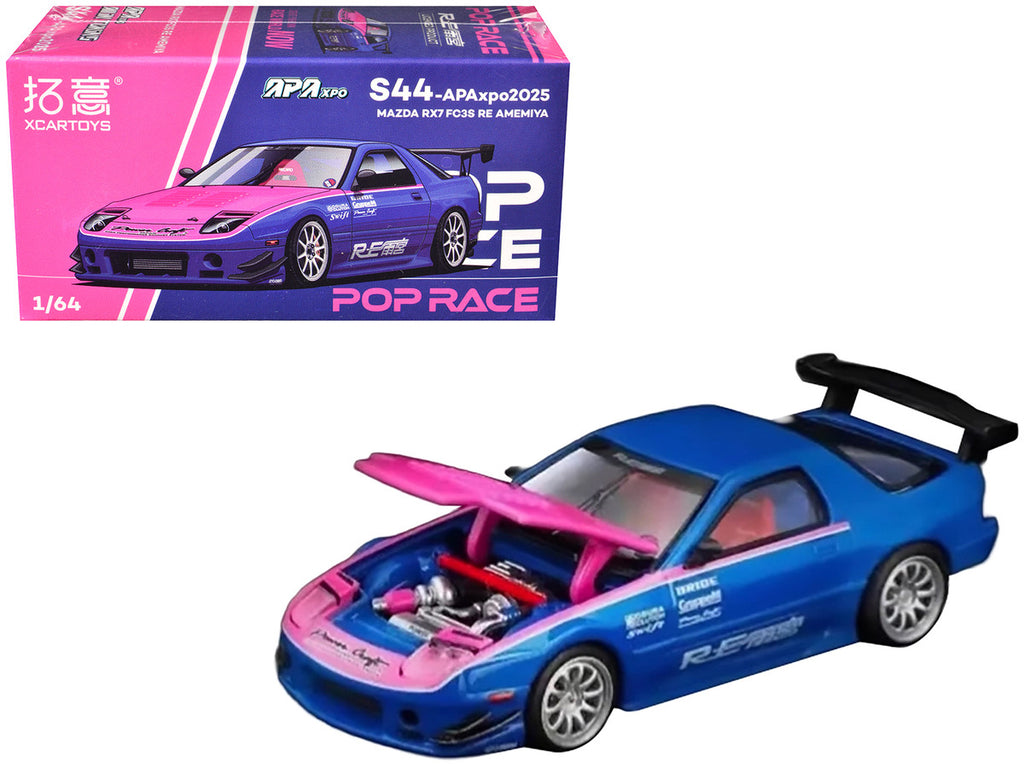 Mazda RX7 (FC3S) RE Amemiya RHD (Right Hand Drive) Blue Metallic with Pink Hood "APA XPO 2025 Exclusive" 1/64 Diecast Model Car by Pop Race-0