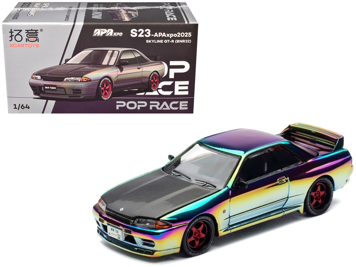 Skyline GT-R (BNR32) RHD (Right Hand Drive) Chameleon Chrome with Carbon Hood "APA XPO 2025 Exclusive 1/64 Diecast Model Car by Pop Race-4