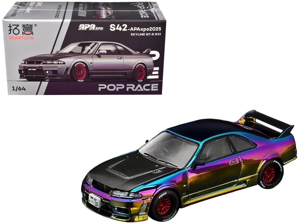 Skyline GT-R (R33) RHD (Right Hand Drive) Chameleon Chrome with Carbon Hood "APA XPO 2025 Exclusive" 1/64 Diecast Model Car by Pop Race-3