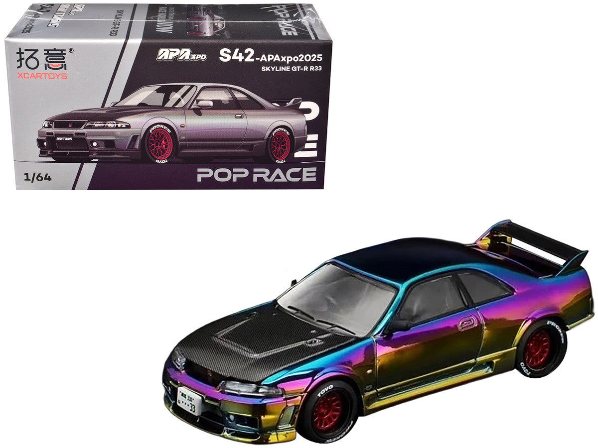 Skyline GT-R (R33) RHD (Right Hand Drive) Chameleon Chrome with Carbon Hood "APA XPO 2025 Exclusive" 1/64 Diecast Model Car by Pop Race-3