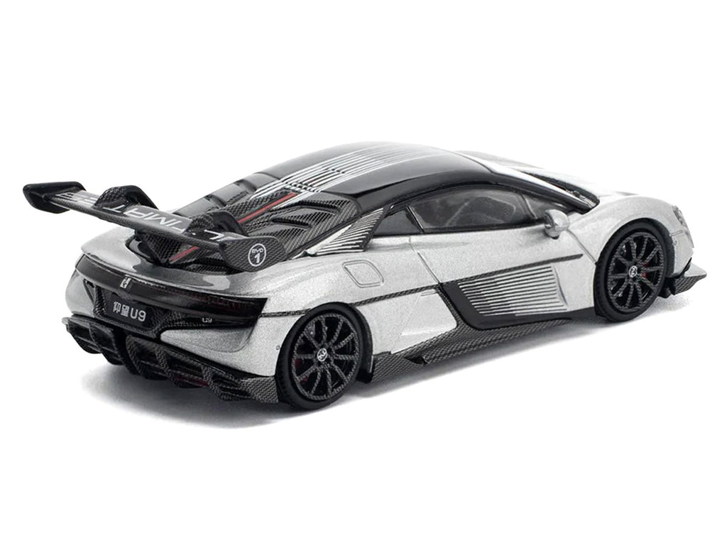Yangwang U9 Silver Metallic with Black Top and Stripes 1/64 Diecast Model Car by Pop Race-1