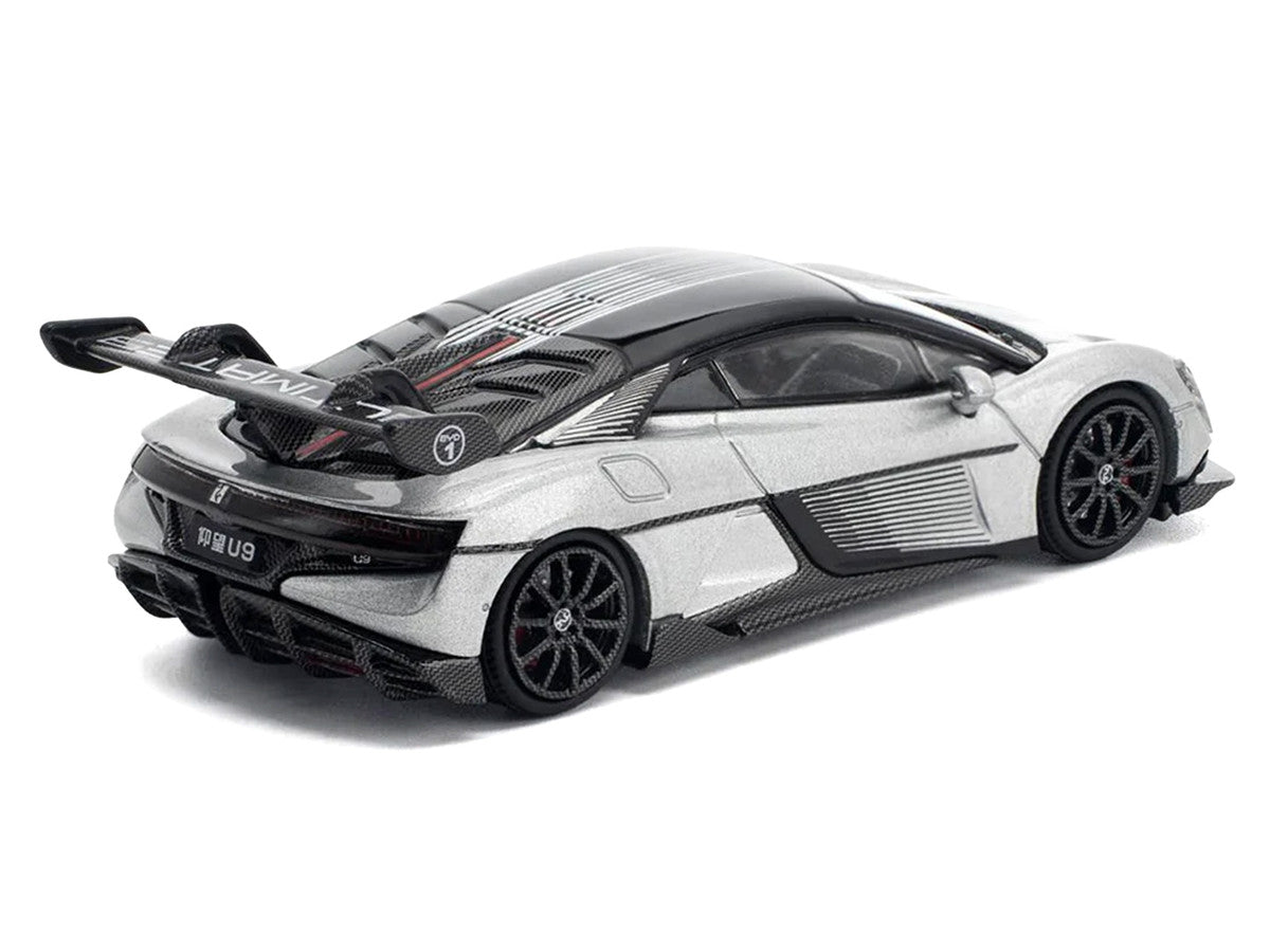 Yangwang U9 Silver Metallic with Black Top and Stripes 1/64 Diecast Model Car by Pop Race-1
