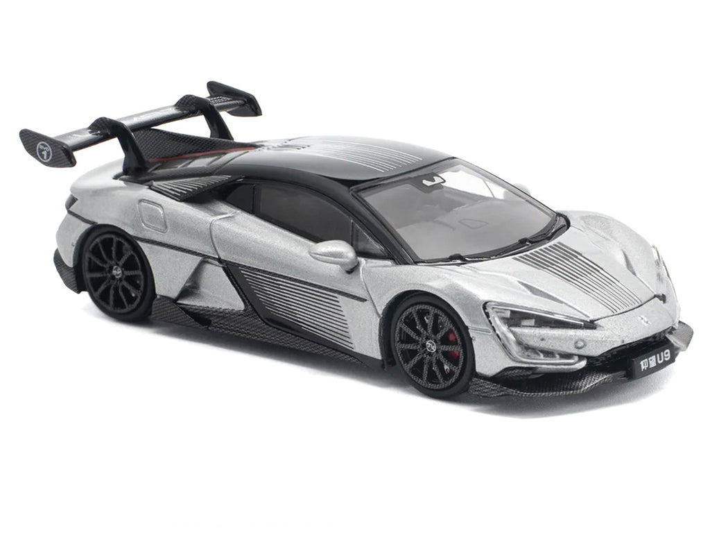Yangwang U9 Silver Metallic with Black Top and Stripes 1/64 Diecast Model Car by Pop Race-2