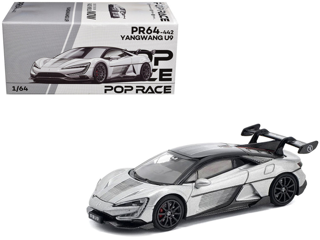 Yangwang U9 Silver Metallic with Black Top and Stripes 1/64 Diecast Model Car by Pop Race-3