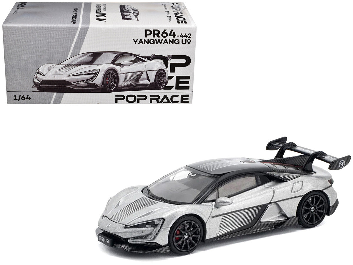 Yangwang U9 Silver Metallic with Black Top and Stripes 1/64 Diecast Model Car by Pop Race-3