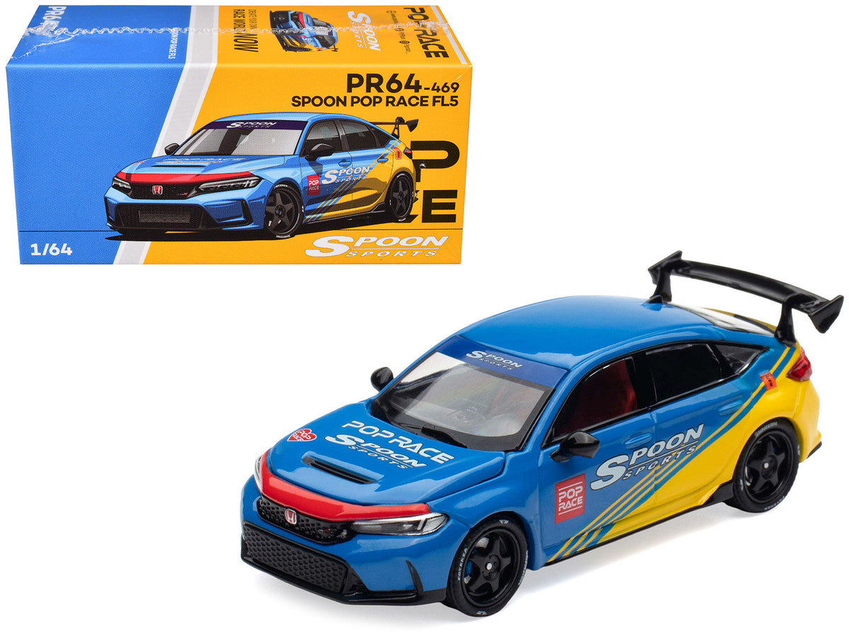 Honda Civic Type R FL5 "Spoon Sports" Blue and Yellow "Tokyo Auto Salon - Hong Kong 2025" 1/64 Diecast Model Car by Pop Race-4
