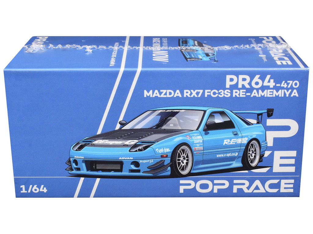 Mazda RX7 (FC3S) RE Amemiya RHD (Right Hand Drive) Light Blue with Carbon Hood "Tokyo Auto Salon 2026" 1/64 Diecast Model Car by Pop Race-2