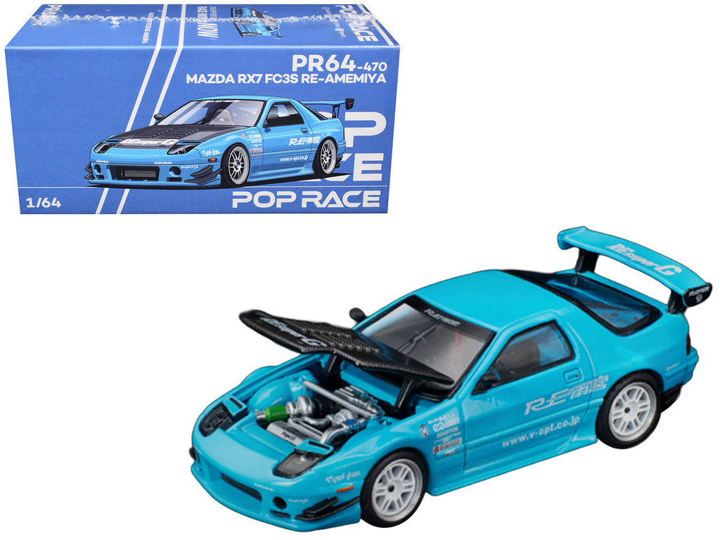 Mazda RX7 (FC3S) RE Amemiya RHD (Right Hand Drive) Light Blue with Carbon Hood "Tokyo Auto Salon 2026" 1/64 Diecast Model Car by Pop Race-0