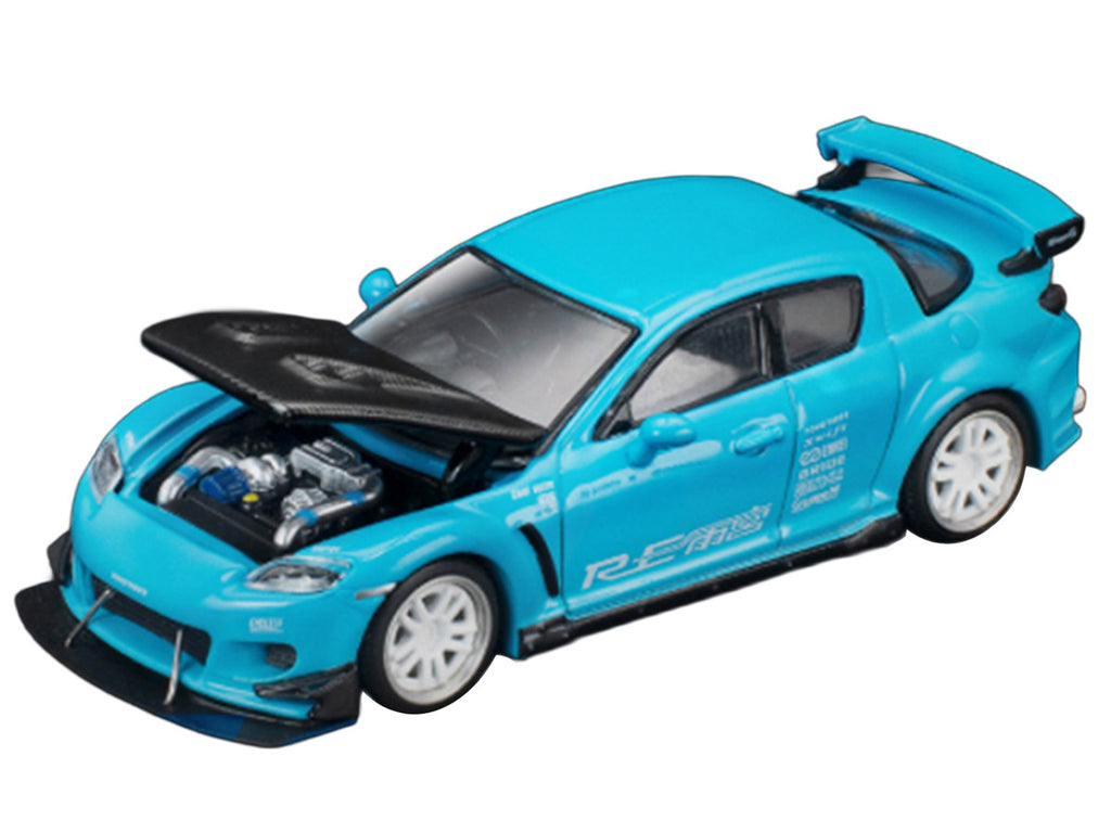 Mazda RX8 RE Amemiya RHD (Right Hand Drive) Light Blue with Carbon Hood "Tokyo Auto Salon 2026" 1/64 Diecast Model Car by Pop Race-1
