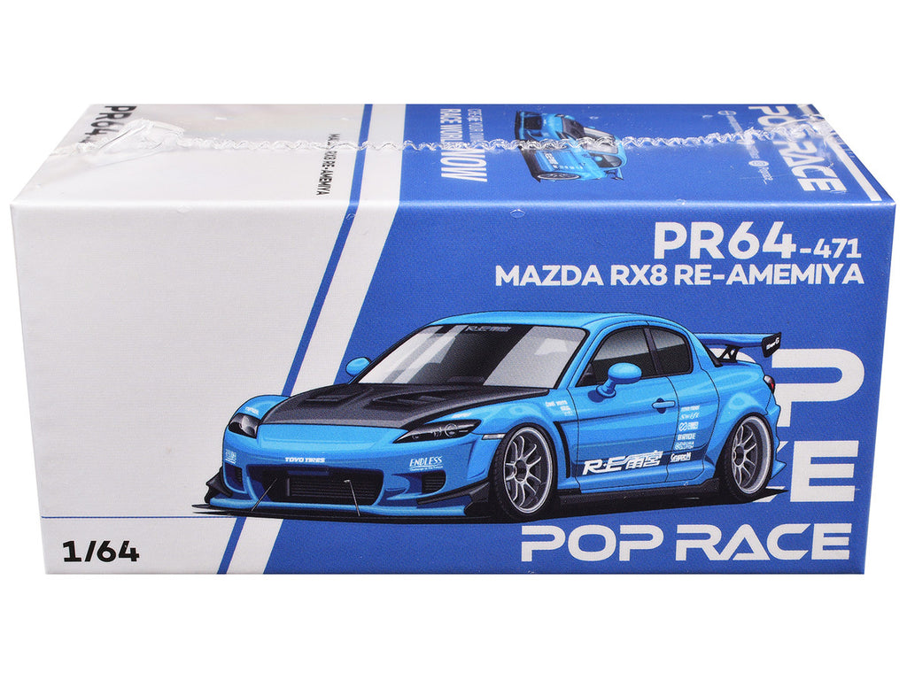 Mazda RX8 RE Amemiya RHD (Right Hand Drive) Light Blue with Carbon Hood "Tokyo Auto Salon 2026" 1/64 Diecast Model Car by Pop Race-2