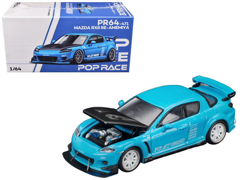 Mazda RX8 RE Amemiya RHD (Right Hand Drive) Light Blue with Carbon Hood "Tokyo Auto Salon 2026" 1/64 Diecast Model Car by Pop Race-0