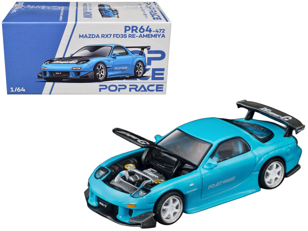 Mazda RX7 (FD3S) RE Amemiya RHD (Right Hand Drive) Light Blue with Carbon Hood "Tokyo Auto Salon 2026" 1/64 Diecast Model Car by Pop Race-0