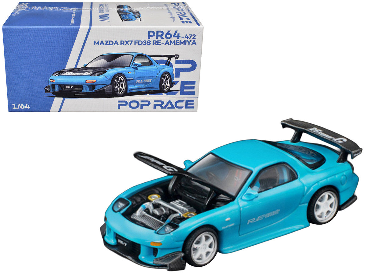 Mazda RX7 (FD3S) RE Amemiya RHD (Right Hand Drive) Light Blue with Carbon Hood "Tokyo Auto Salon 2026" 1/64 Diecast Model Car by Pop Race-0
