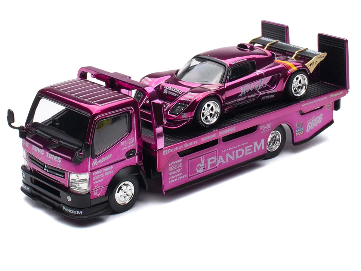 Nissan Pandem Fuso-300 Flatbed Truck RHD (Right Hand Drive) Purple Chrome and Lotus Pandem Elise Purple Chrome with Graphics 2 Car Box Set "Hobby Expo China 2026" 1/64 Diecast Model Car by Pop Race-1
