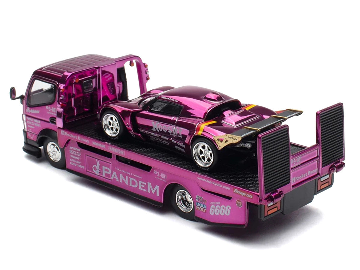 Nissan Pandem Fuso-300 Flatbed Truck RHD (Right Hand Drive) Purple Chrome and Lotus Pandem Elise Purple Chrome with Graphics 2 Car Box Set "Hobby Expo China 2026" 1/64 Diecast Model Car by Pop Race-2
