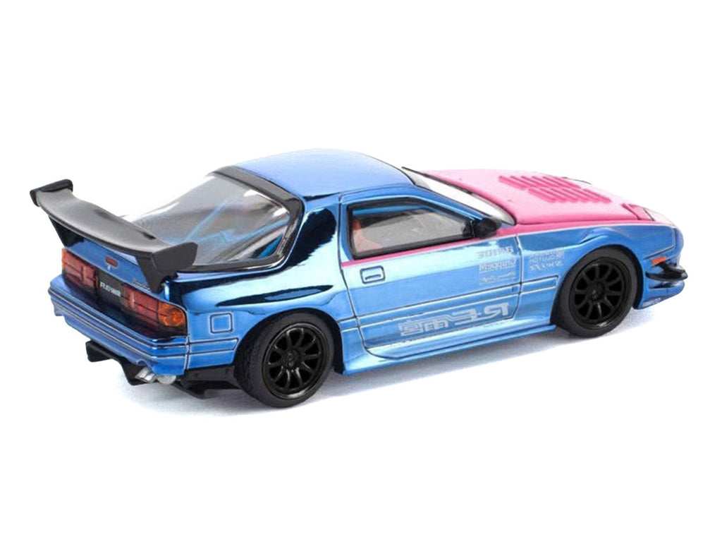 Mazda RX7 (FC3S) RE Amemiya RHD (Right Hand Drive) Blue Chrome with Pink Hood "Street 7 Chrome" 1/64 Diecast Model Car by Pop Race-3