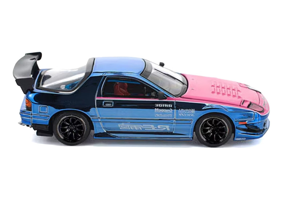 Mazda RX7 (FC3S) RE Amemiya RHD (Right Hand Drive) Blue Chrome with Pink Hood "Street 7 Chrome" 1/64 Diecast Model Car by Pop Race-1