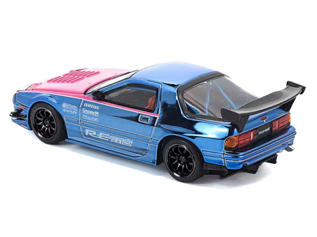 Mazda RX7 (FC3S) RE Amemiya RHD (Right Hand Drive) Blue Chrome with Pink Hood "Street 7 Chrome" 1/64 Diecast Model Car by Pop Race-0