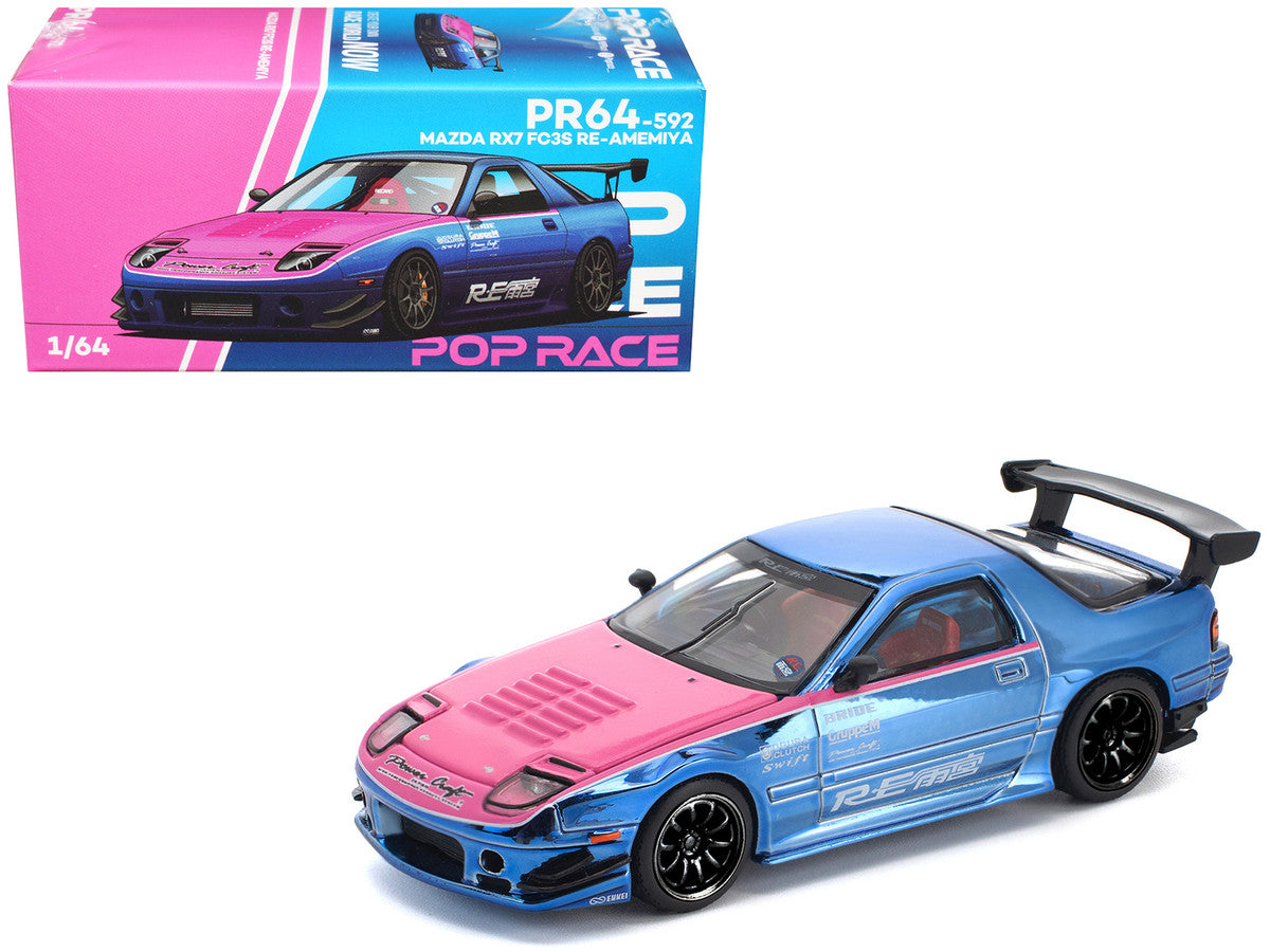 Mazda RX7 (FC3S) RE Amemiya RHD (Right Hand Drive) Blue Chrome with Pink Hood "Street 7 Chrome" 1/64 Diecast Model Car by Pop Race-4