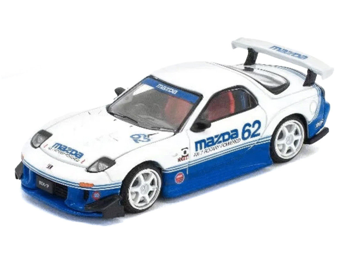 Mazda RX7 RE-Amemiya RHD (Right Hand Drive) #62 White and Blue with Graphics "Enigma Exclusive Edition" 1/64 Diecast Model Car by Pop Race-1