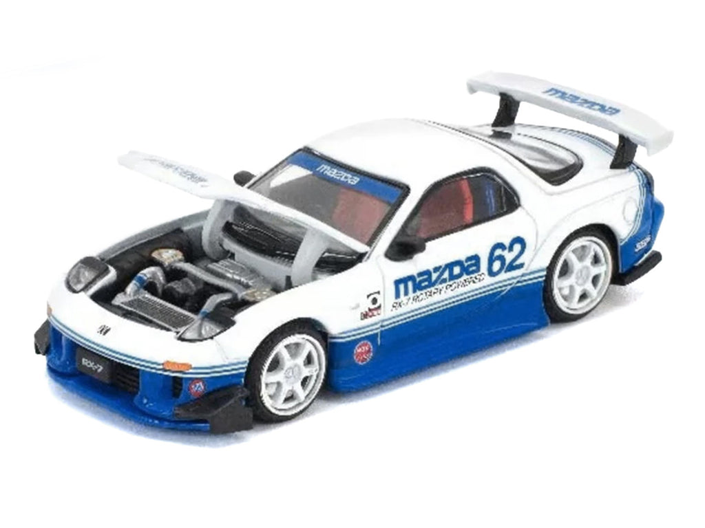 Mazda RX7 RE-Amemiya RHD (Right Hand Drive) #62 White and Blue with Graphics "Enigma Exclusive Edition" 1/64 Diecast Model Car by Pop Race-2