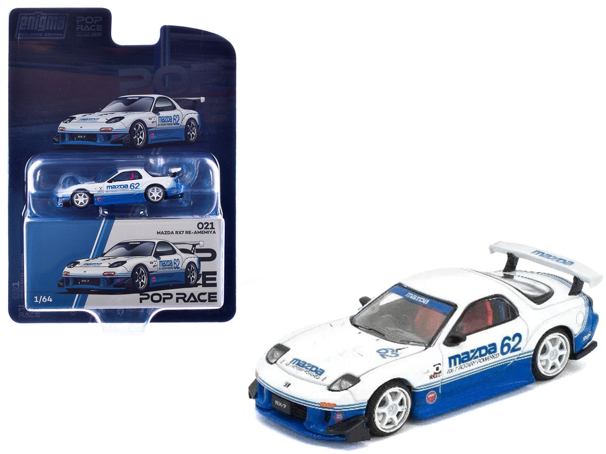 Mazda RX7 RE-Amemiya RHD (Right Hand Drive) #62 White and Blue with Graphics "Enigma Exclusive Edition" 1/64 Diecast Model Car by Pop Race-0