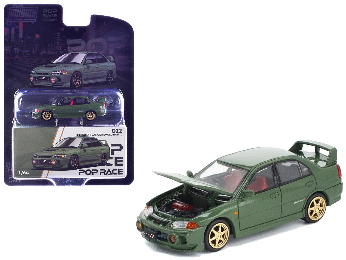 Mitsubishi Lancer Evolution IV RHD (Right Hand Drive) Green with Red Interior and Gold Wheels "Enigma Exclusive Edition" 1/64 Diecast Model Car by Pop Race-0