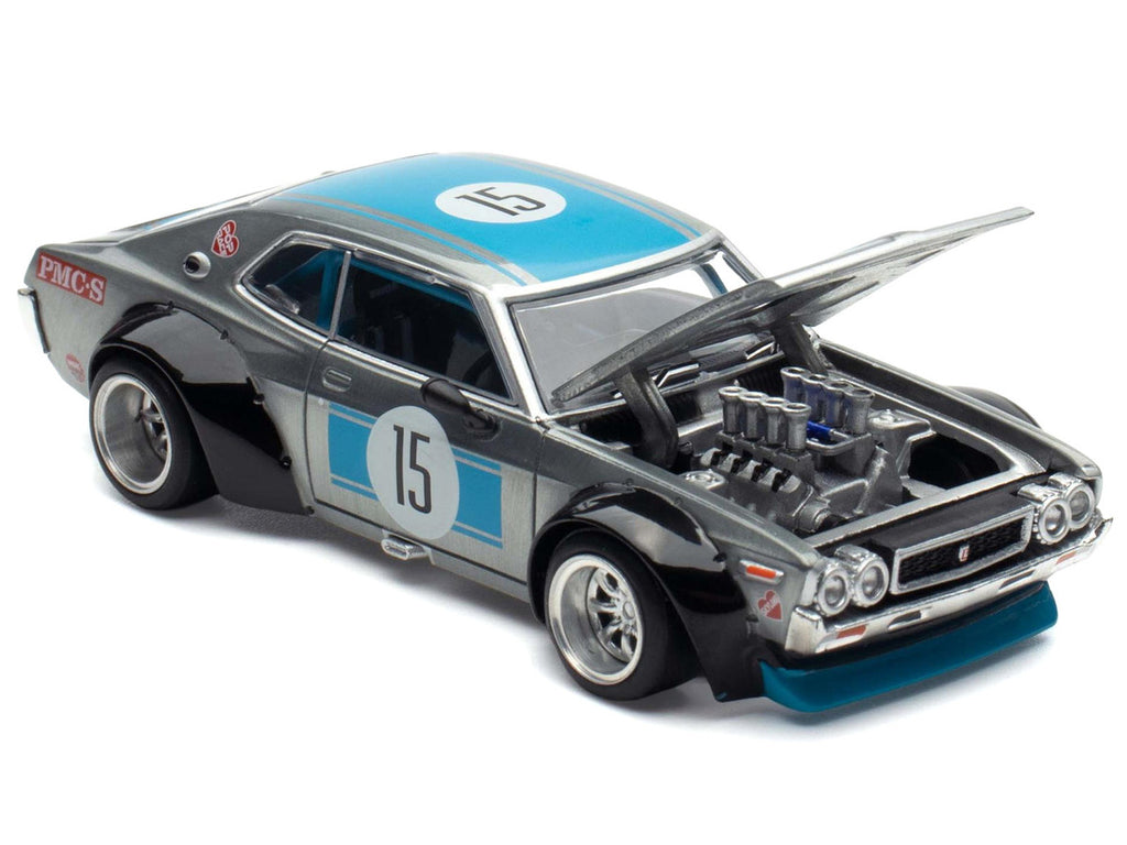 Datsun Laurel C130 RHD (Right Hand Drive) #15 Raw Metal with Blue Stripes "APA XPO 2025 Exclusive" 1/64 Diecast Model Car by Pop Race-2